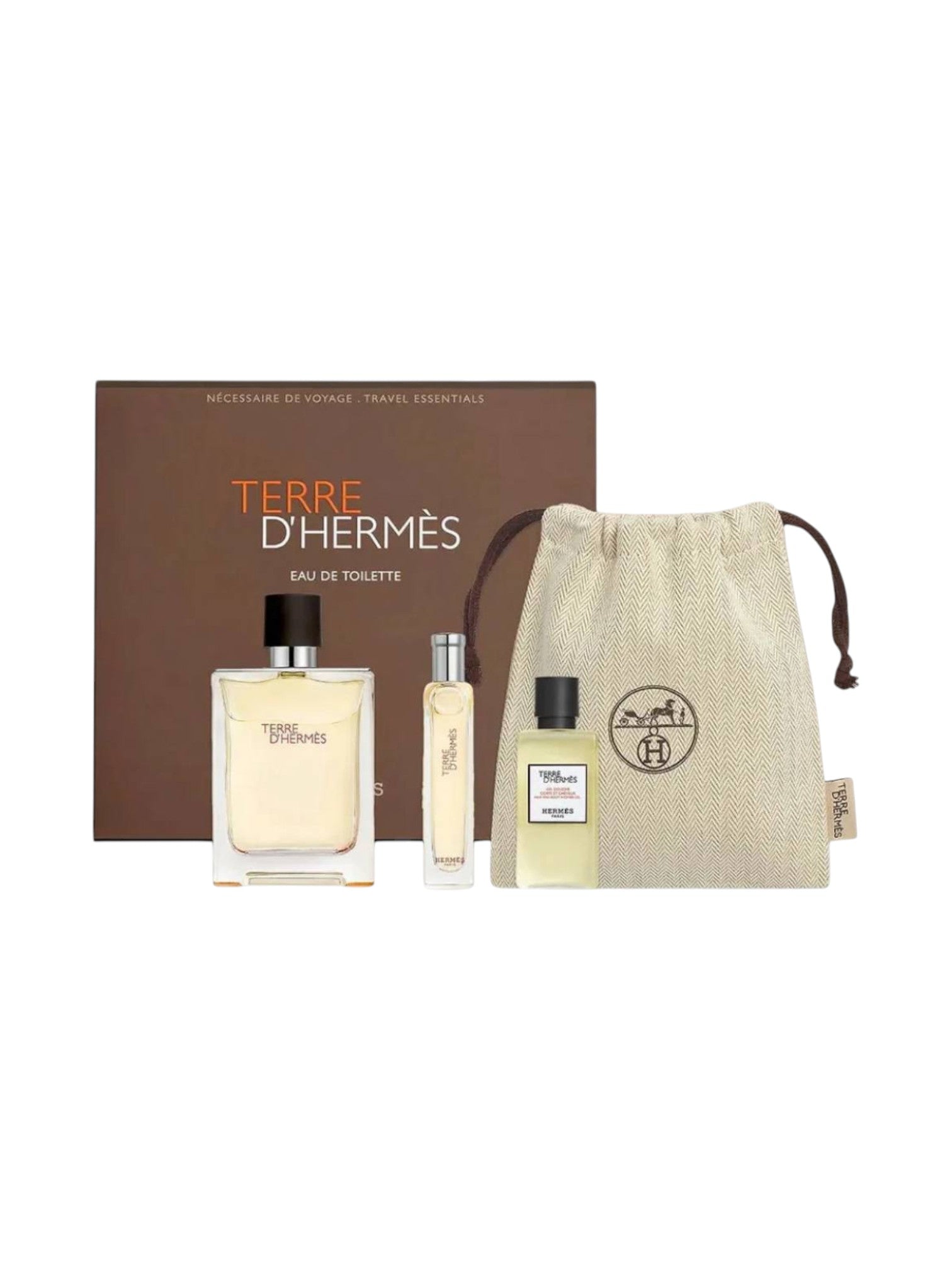 Terre d'Hermès perfume set with bottles and packaging on a white background. Hermes, Monza Outlet, Monza Fashion, Shein Outlet