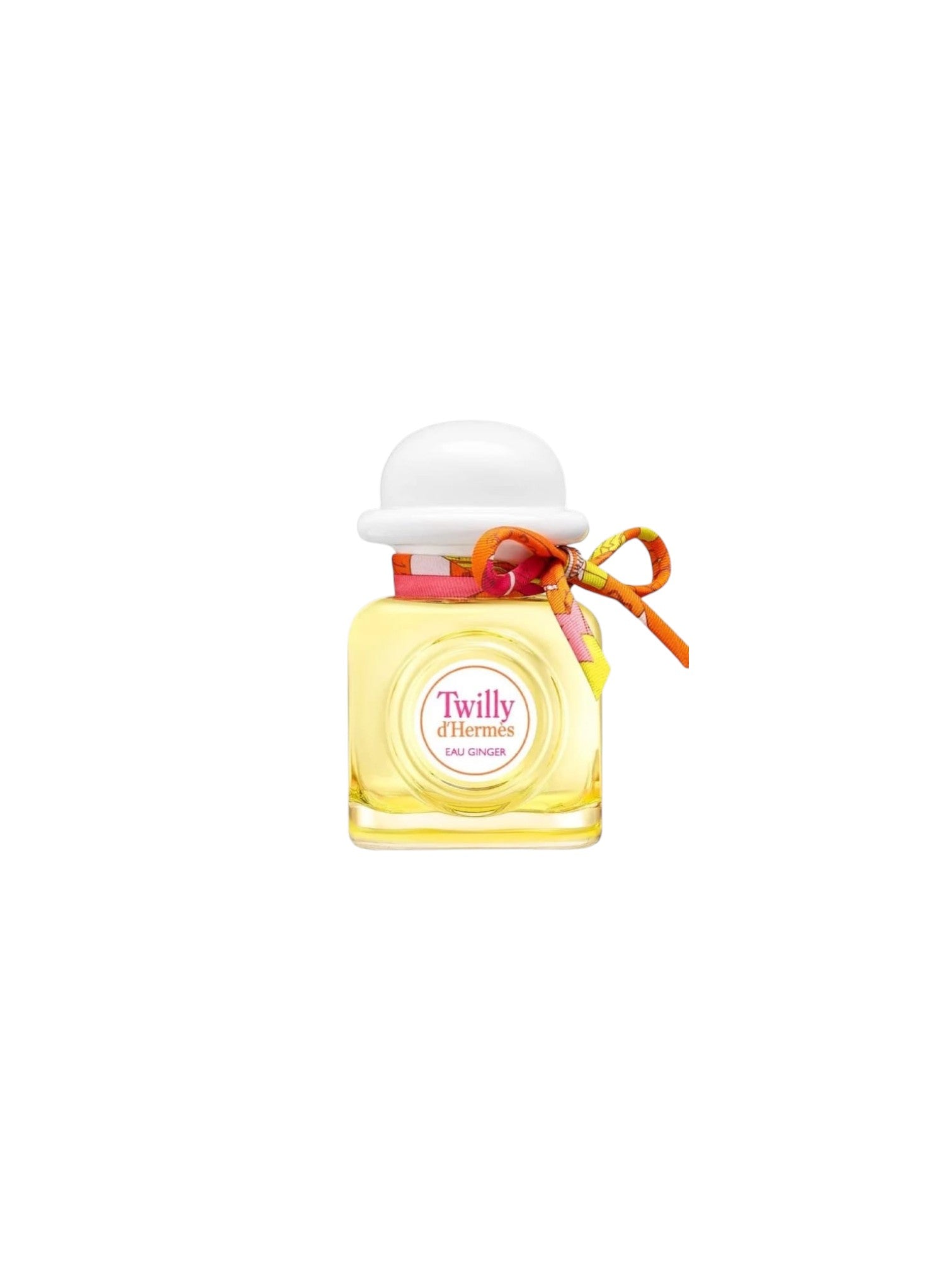 Perfume bottle with a white cap and colorful ribbon on a white background. Hermes, Monza Outlet, Monza Fashion, Shein Outlet