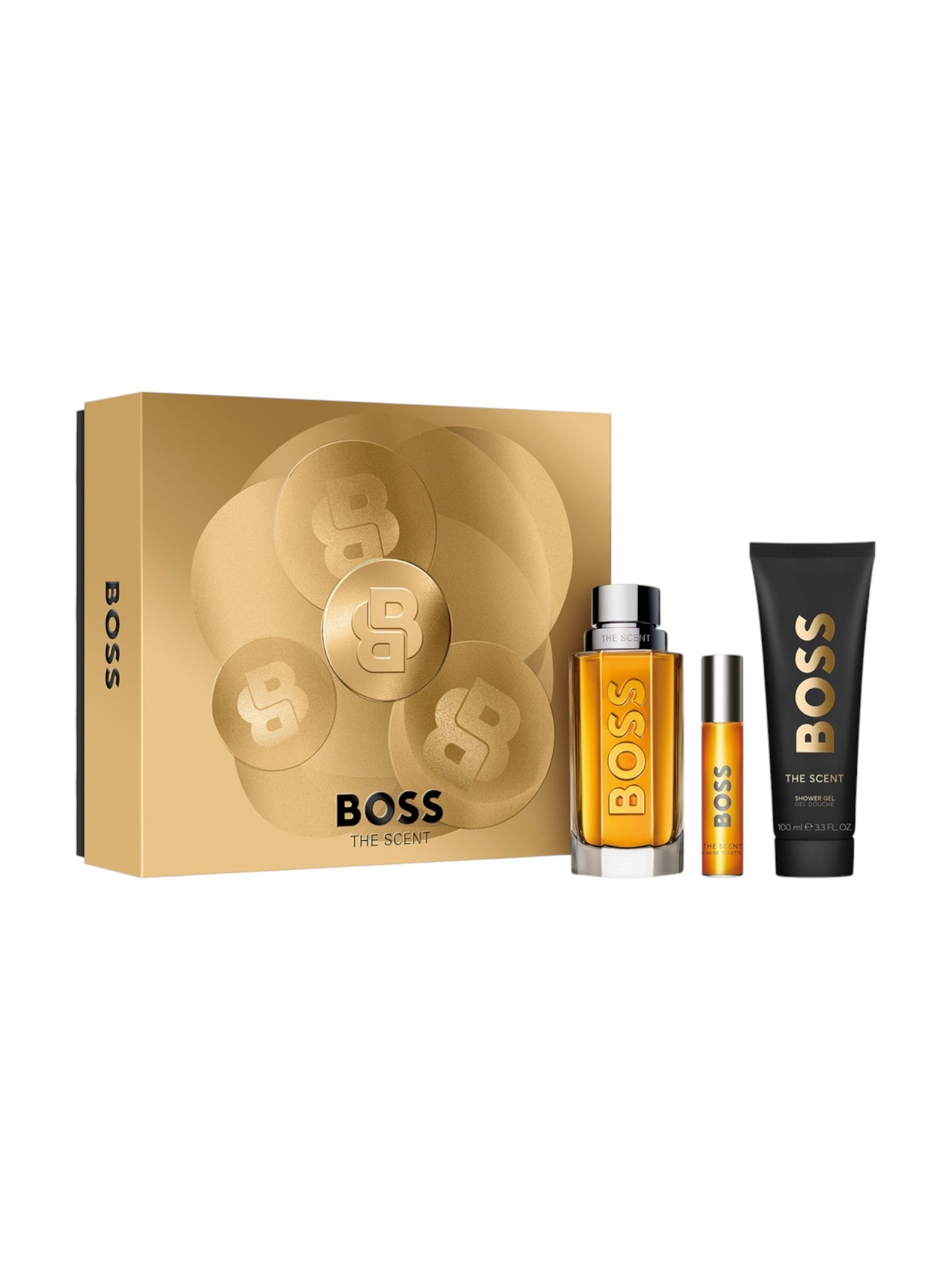 BOSS perfume set with gold packaging on a white background. Hugo, Monza Outlet, Monza Fashion, Shein Outlet