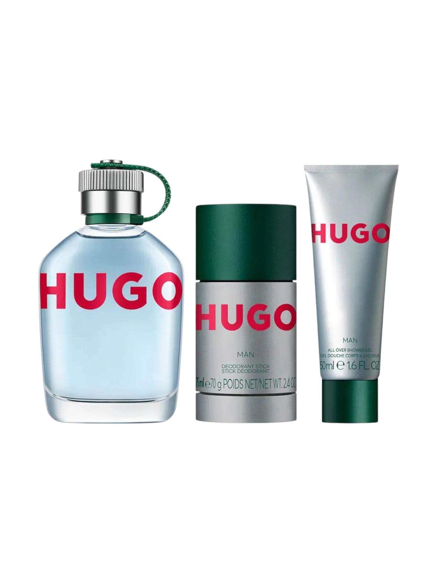 Hugo Boss men's grooming products including a bottle,deo stick, and tube on a white background. Hugo, Monza Outlet, Monza Fashion, Shein Outlet