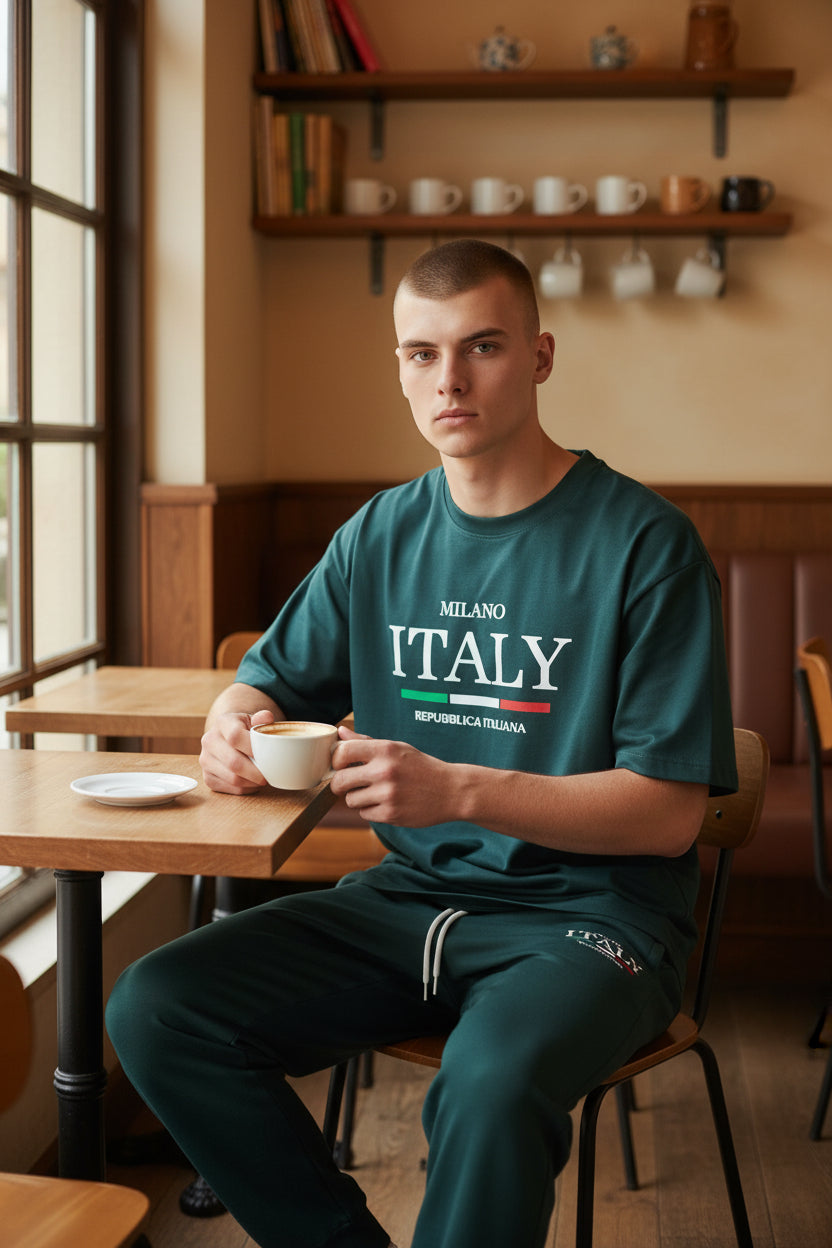 Man sitting at a table in a cafe wearing a teal Milano Italy t-shirt. Antler, Monza Outlet, Monza Fashion, Shein Outlet