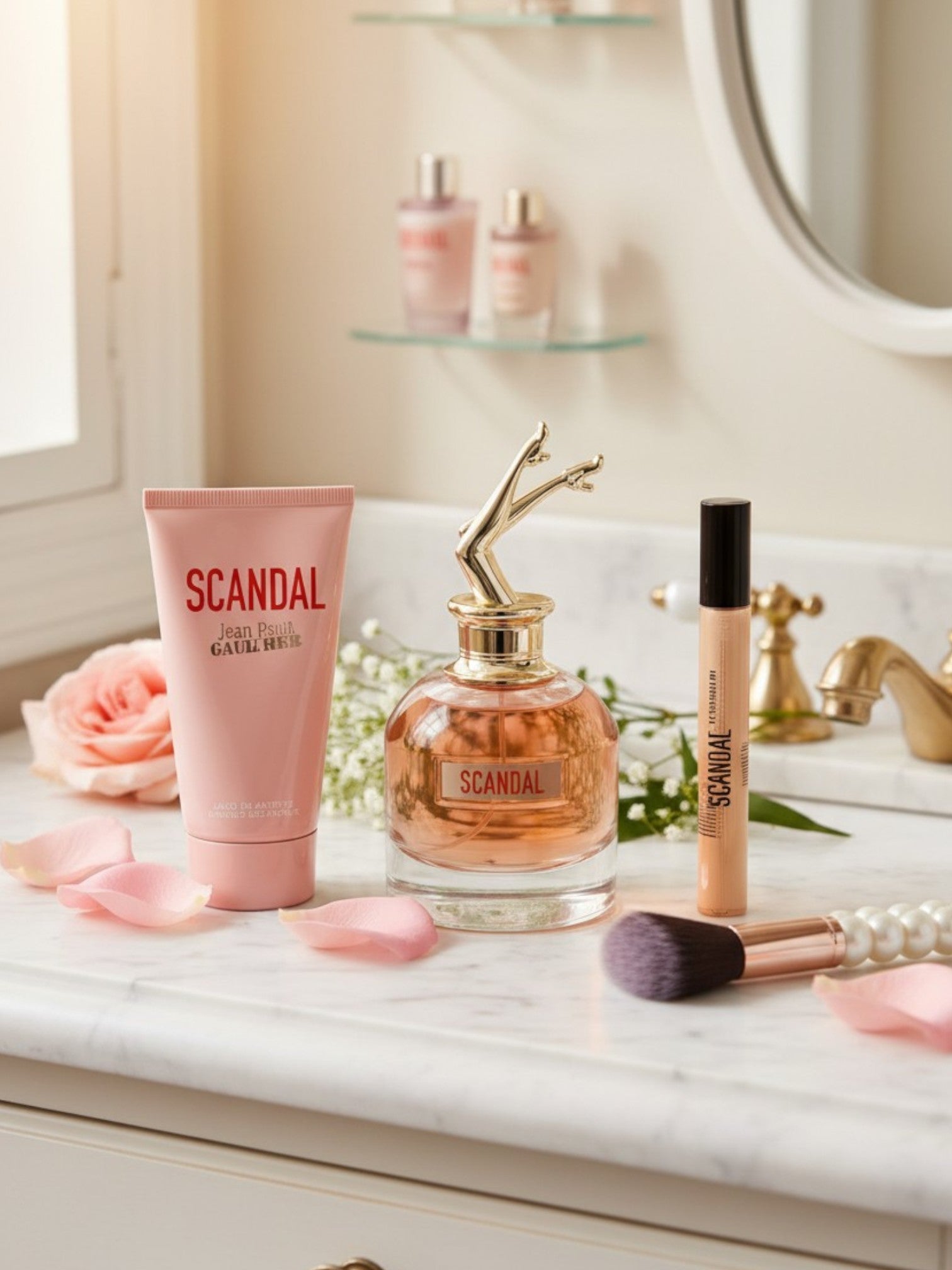 Cosmetic products including a pink tube, perfume bottle, and makeup brush on a marble surface. Jean Paul Gaultier, Monza Outlet, Monza Fashion, Shein Outlet