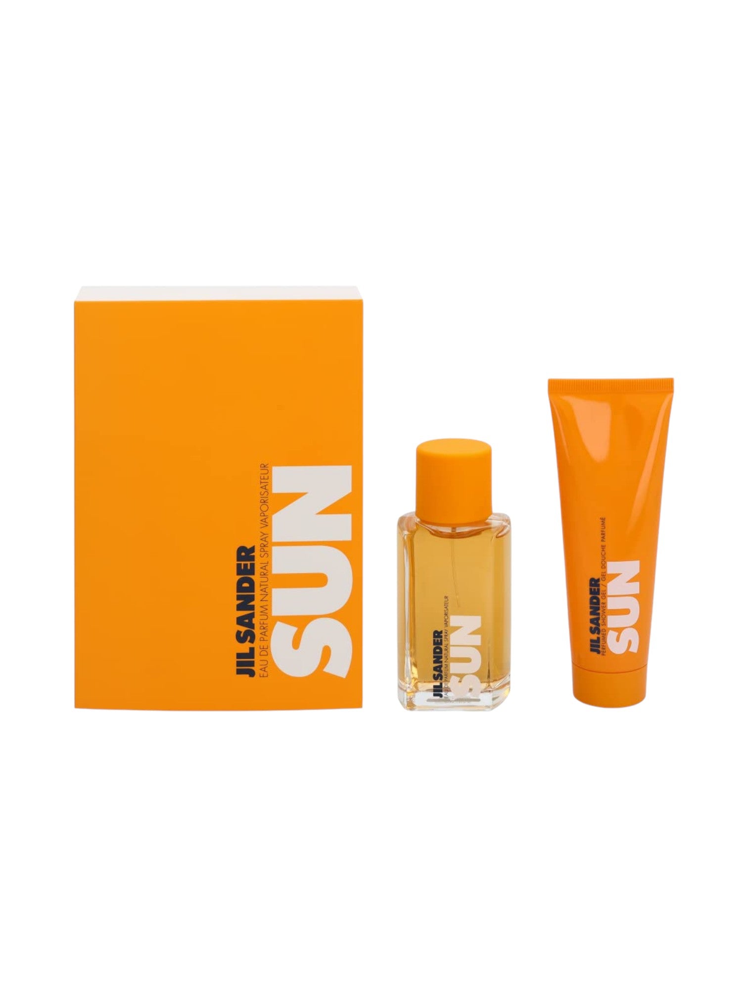Jil Sander Sun perfume set with orange packaging on a white background. Jil Sander Sun, Monza Outlet, Monza Fashion, Shein Outlet