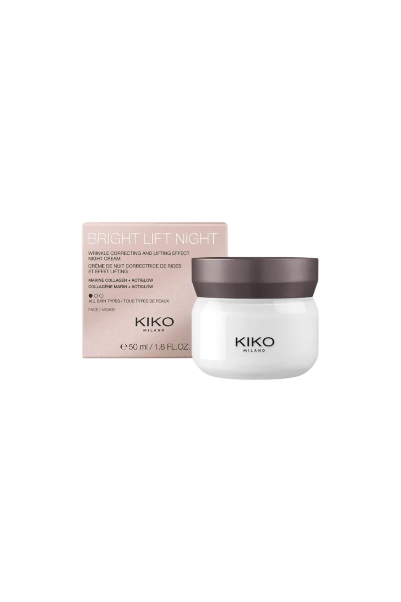 Kiko Milano Bright Lift Night cream jar and packaging on a white background Kiko Milano Monza Outlet