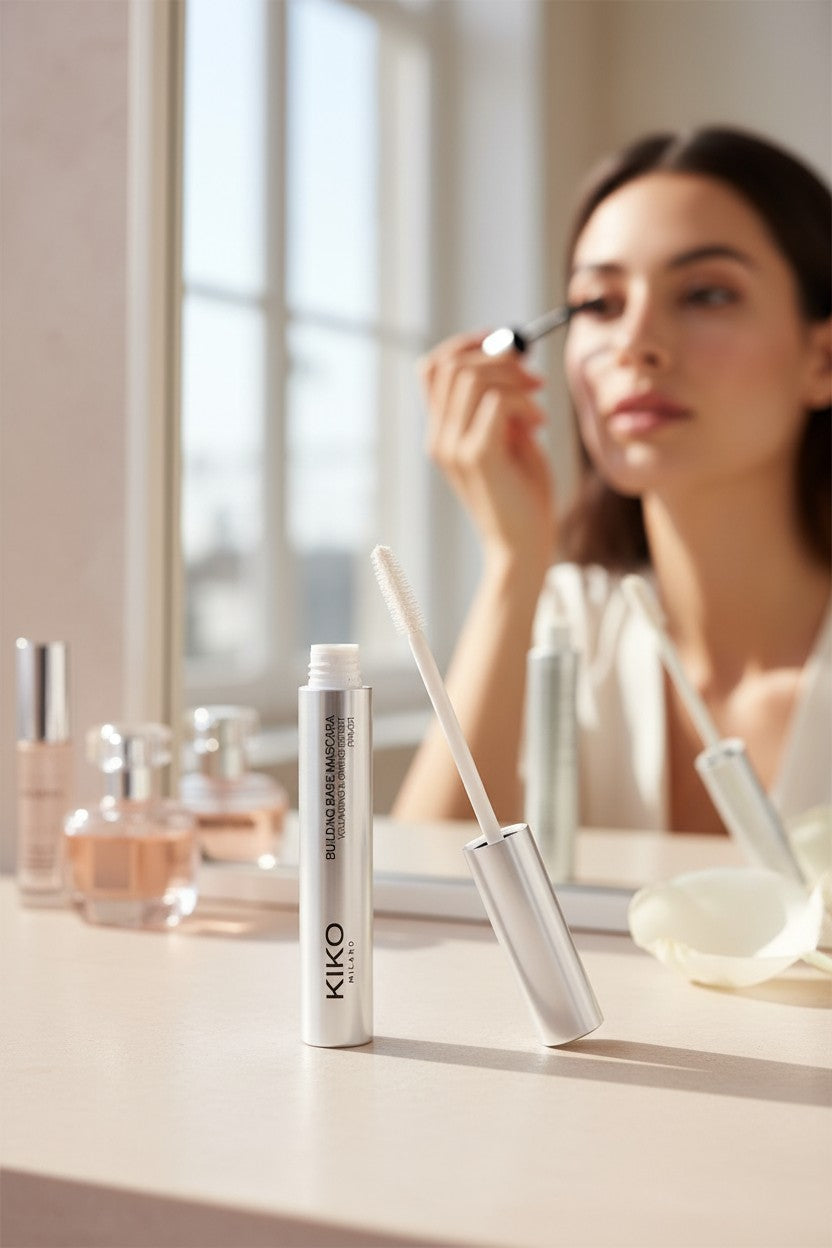 Woman applying makeup with Kiko products on a table. Kiko, Monza Outlet, Monza Fashion, Shein Outlet