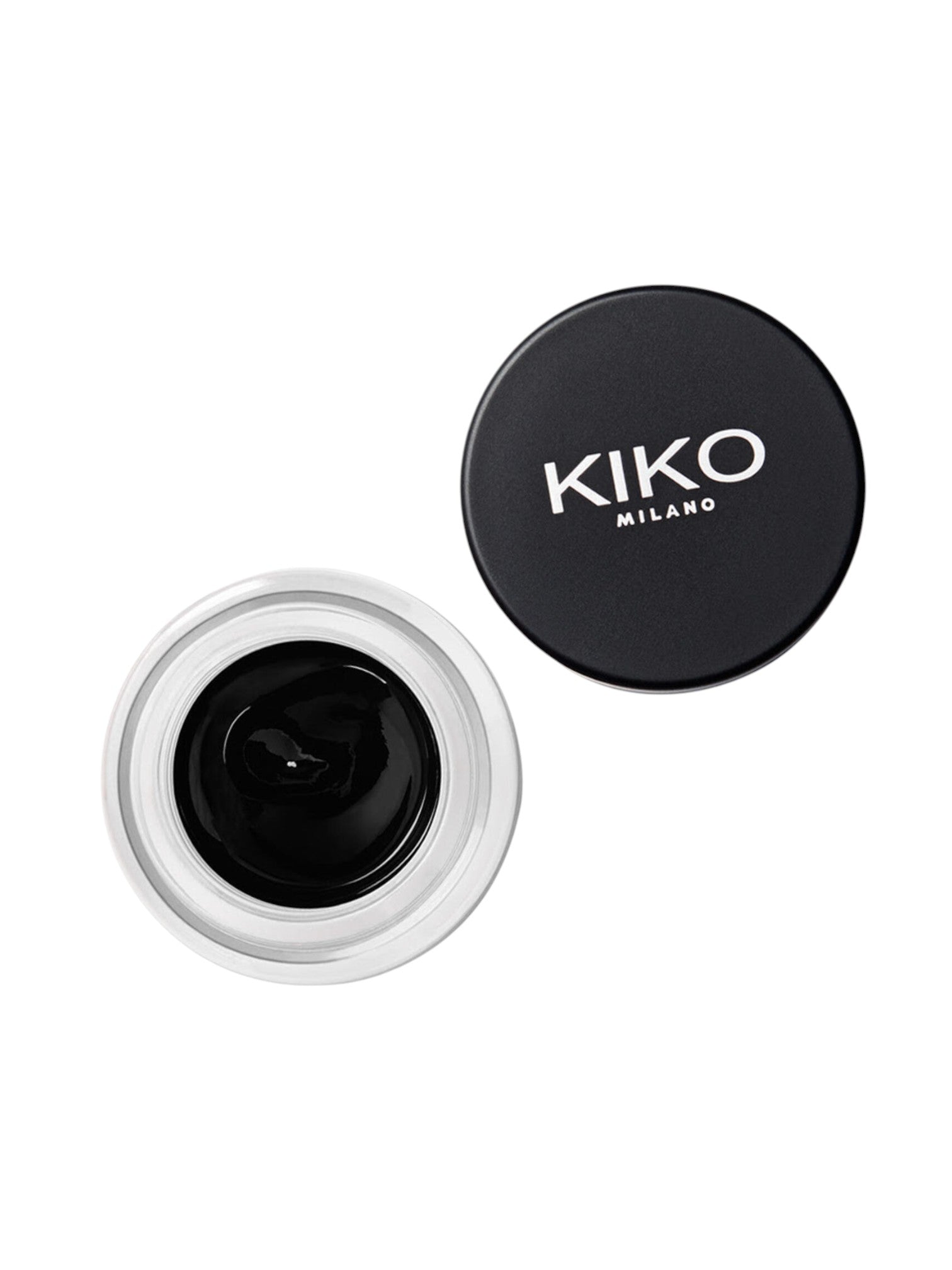 Kiko Milano cosmetic container with black cream inside on a white background. Kiko Milano, Monza Outlet, Monza Fashion, Shein Outlet