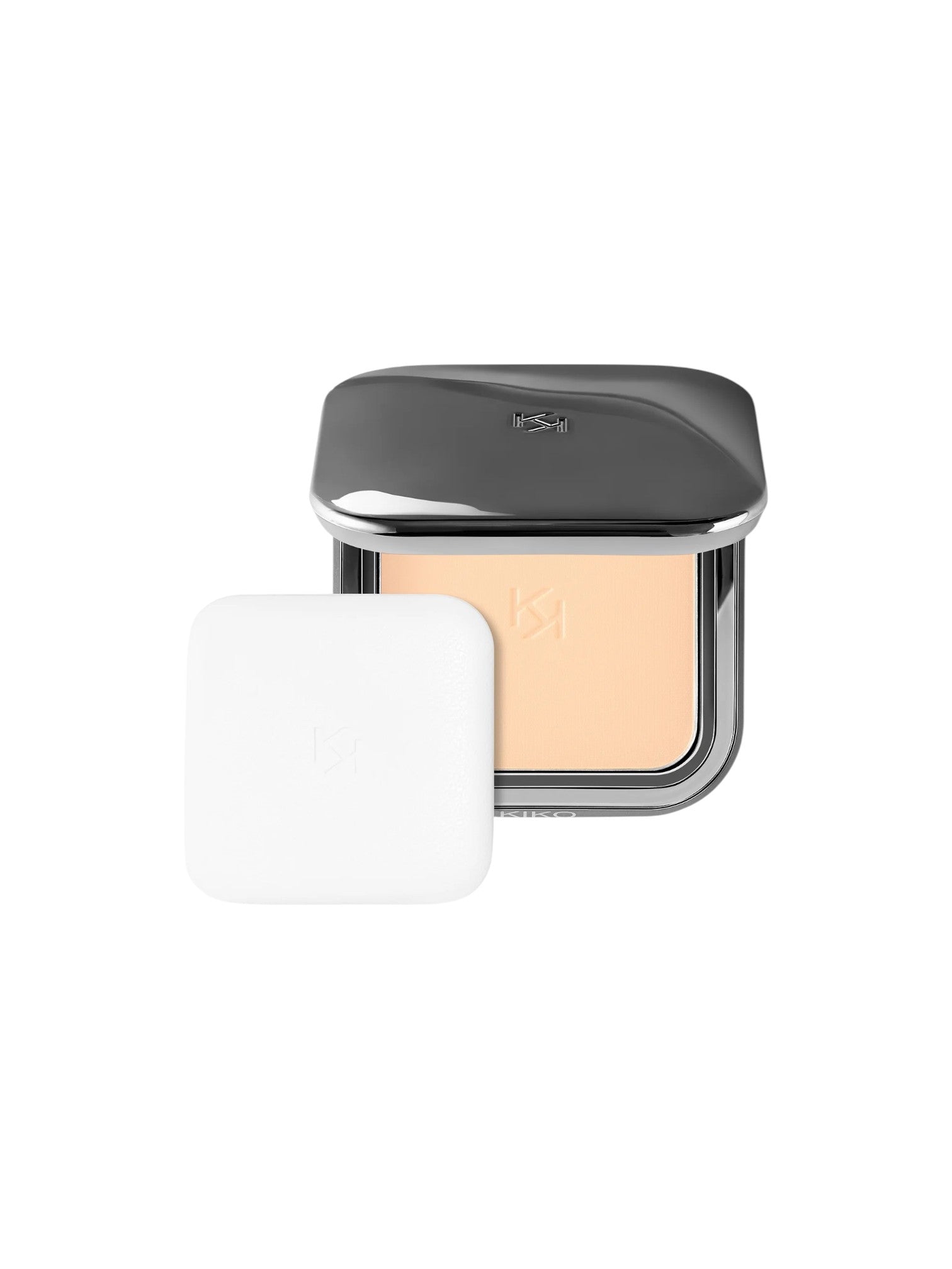 Compact powder in a gray case on a white background. Kiko Milano, Monza Outlet, Monza Fashion, Shein Outlet