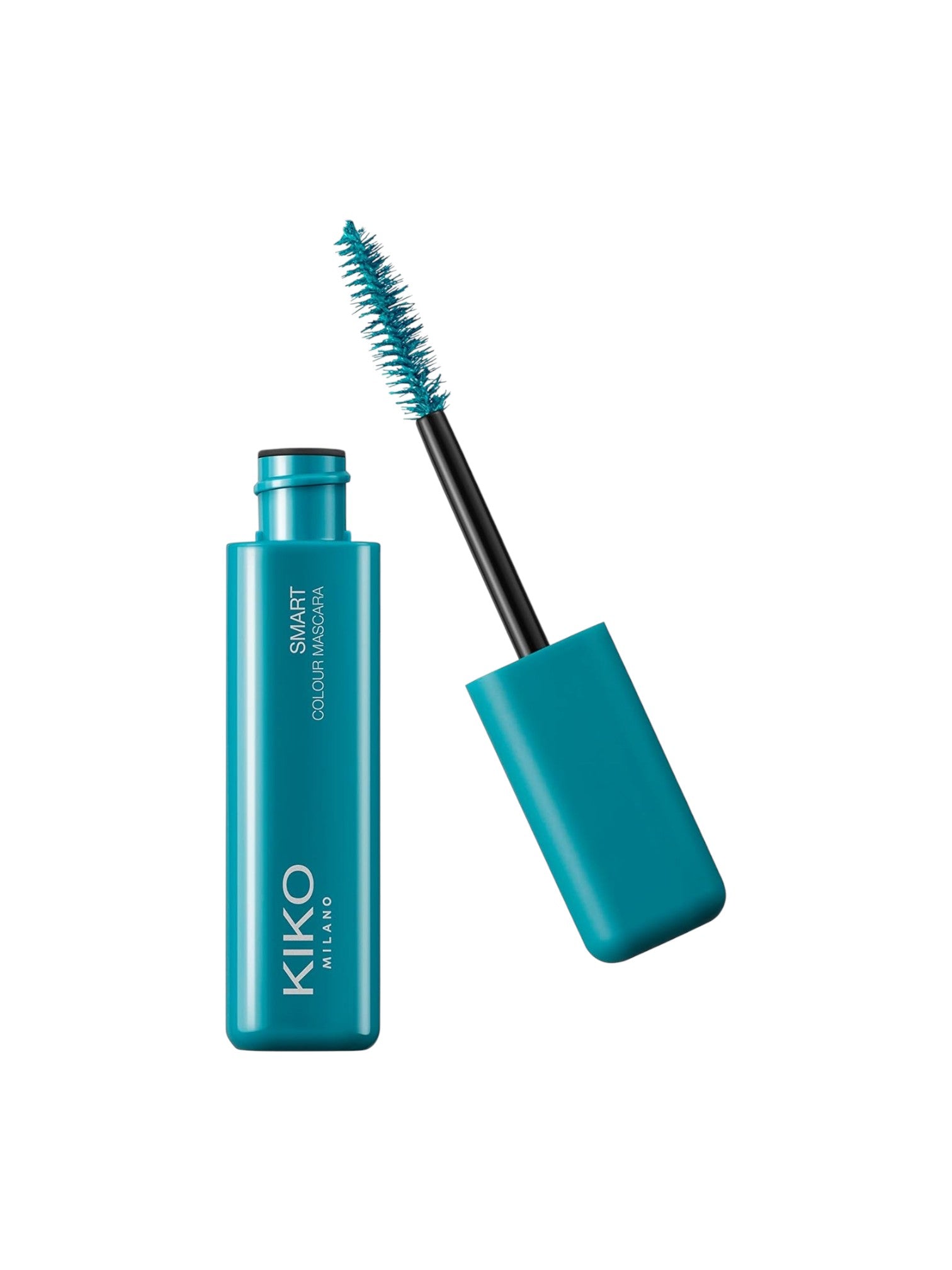Teal mascara with open cap on a white background, featuring Kiko Milano branding. Kiko, Monza Outlet, Monza Fashion, Shein Outlet