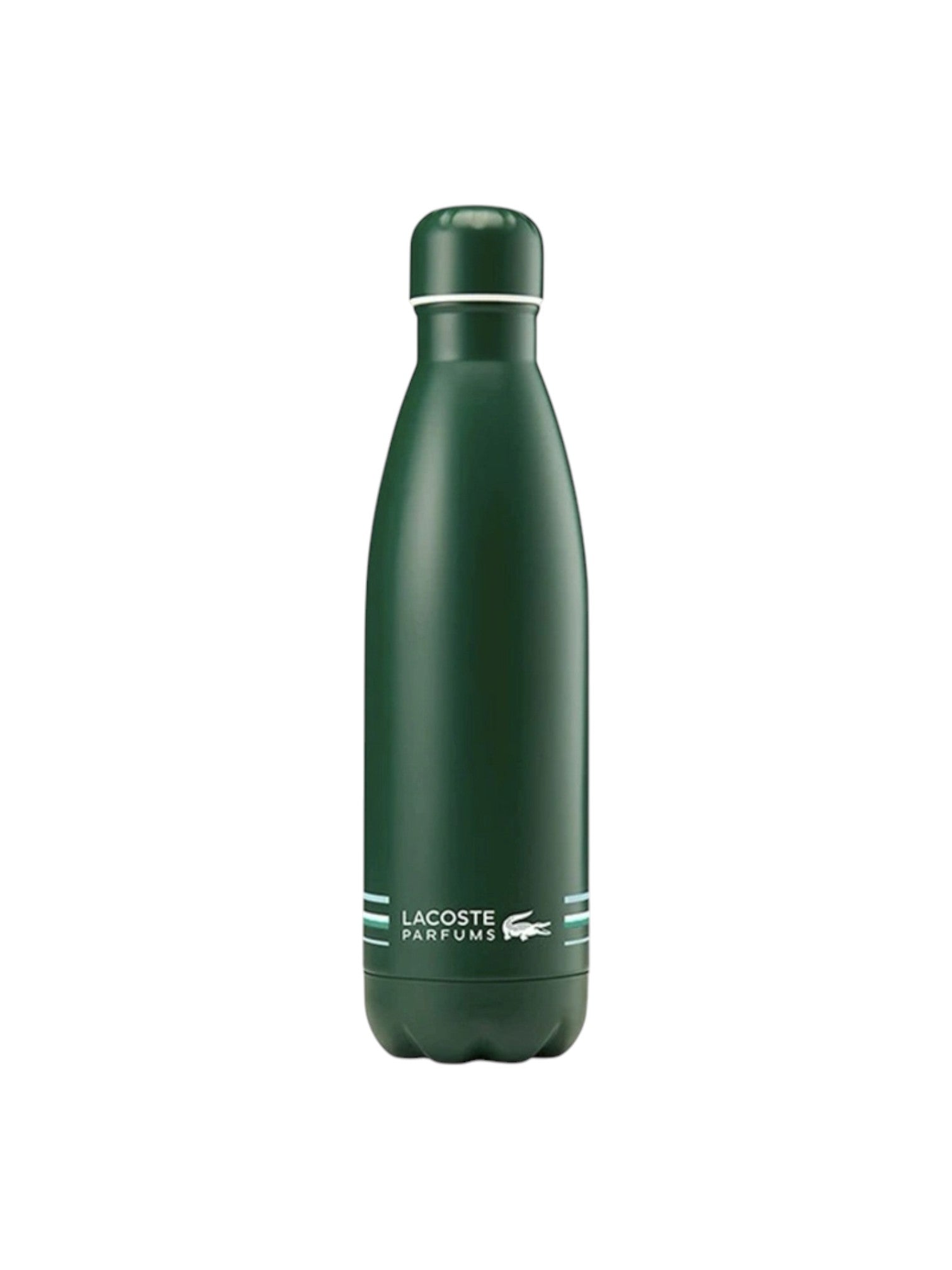 Green water bottle with Lacoste Parfums logo on a white background. Lacoste, Monza Outlet, Monza Fashion, Shein Outlet