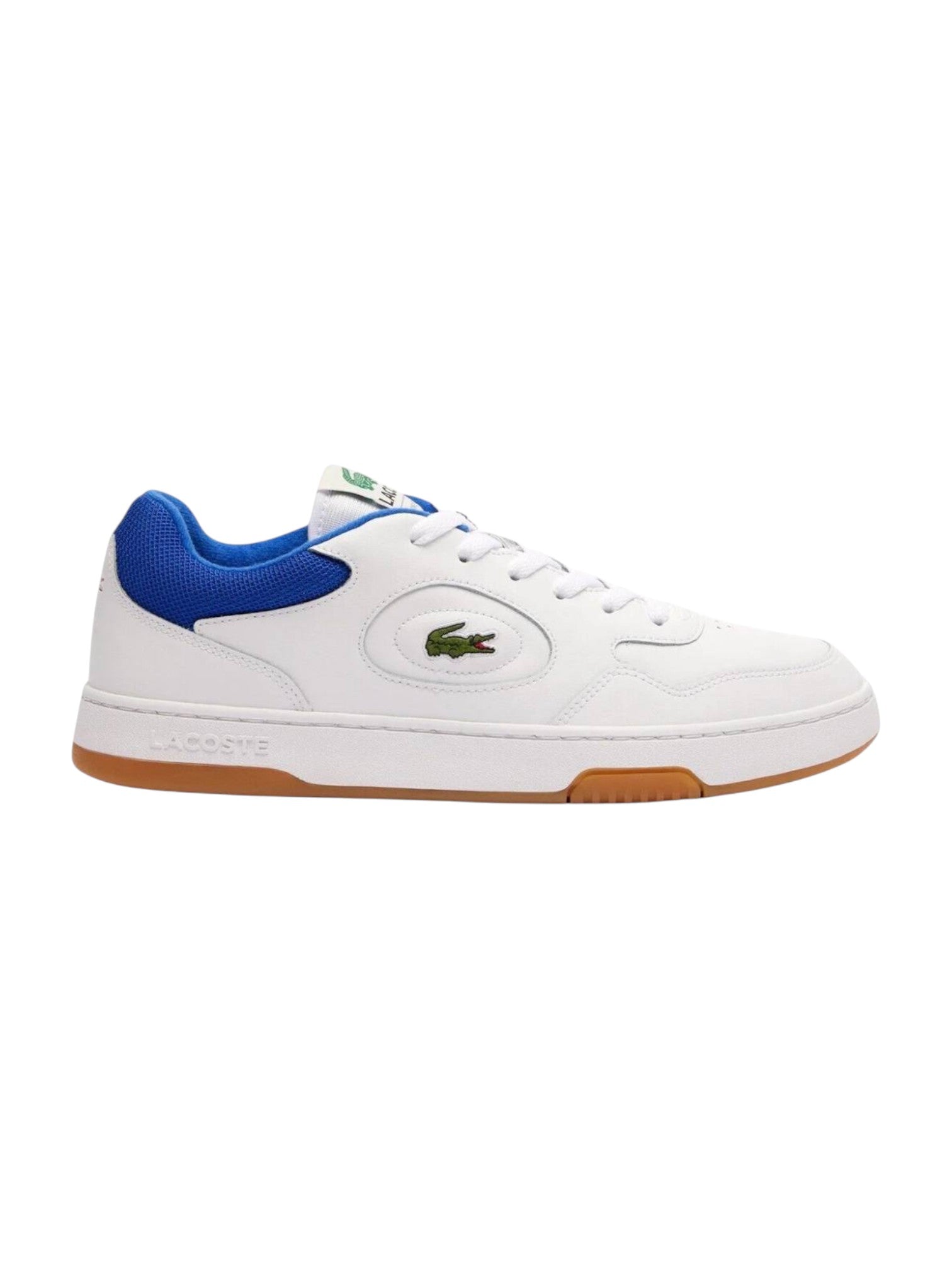 White sneaker with blue heel and brown sole on a white background. Lacoste, Monza Outlet, Monza Fashion, Shein Outlet