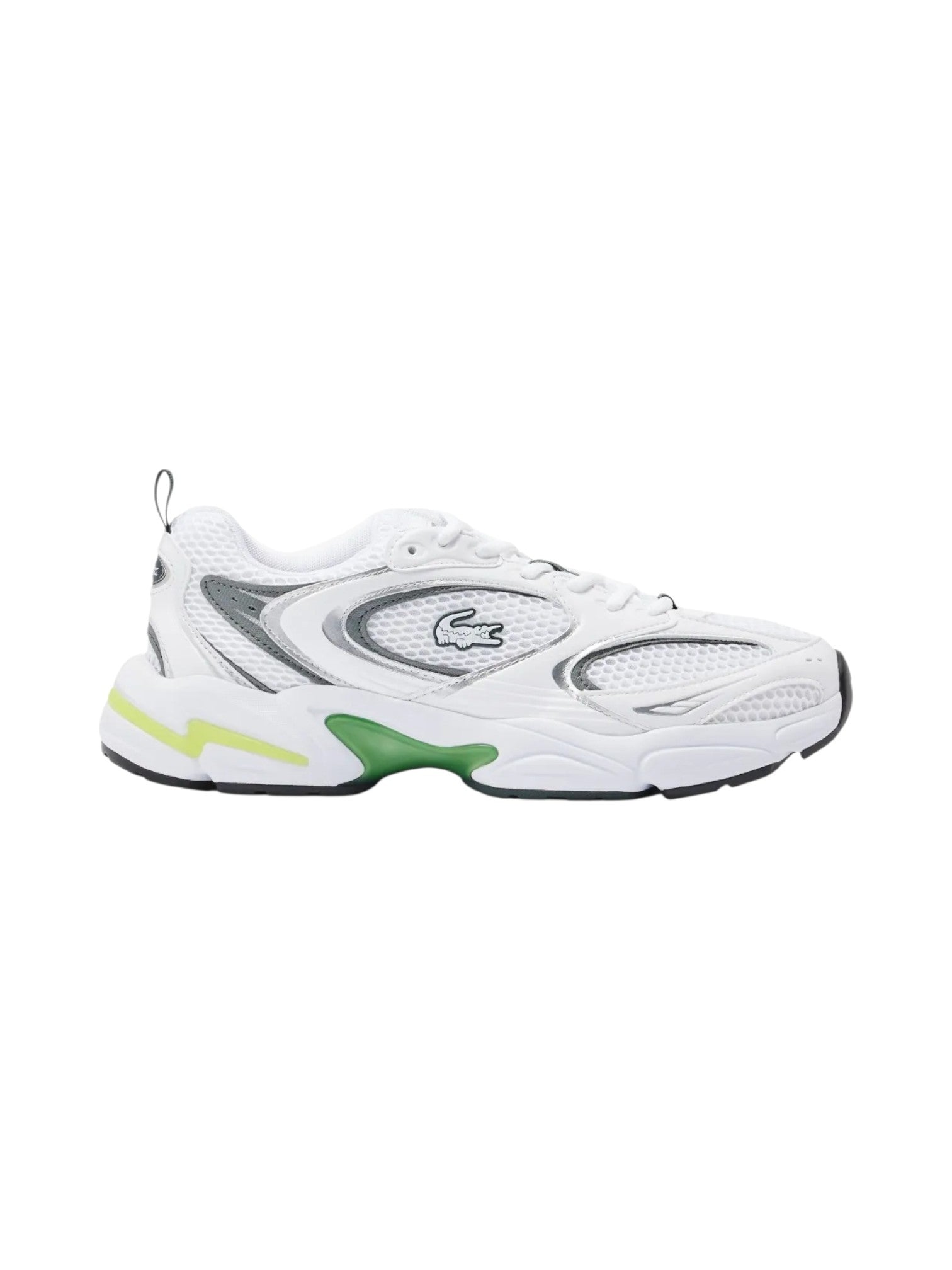 White sneaker with green accents on a white background. Lacoste, Monza Outlet, Monza Fashion, Shein Outlet