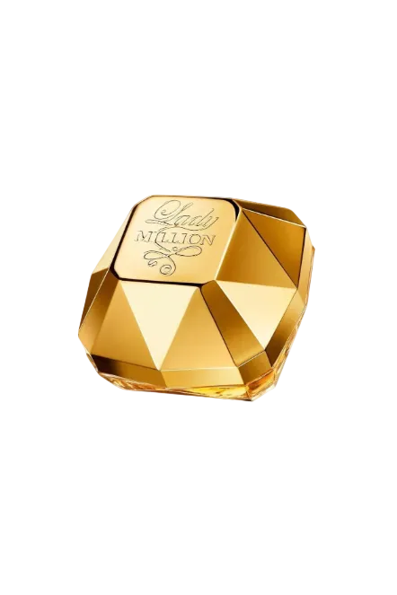 Gold perfume bottle with Lady Million branding on a white background Monza Outlet, Monza Fashion, Shein Outlet