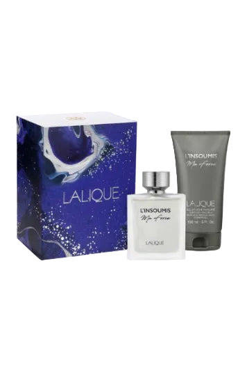 Lalique perfume set with bottle, box, and tube on a white background Monza Outlet