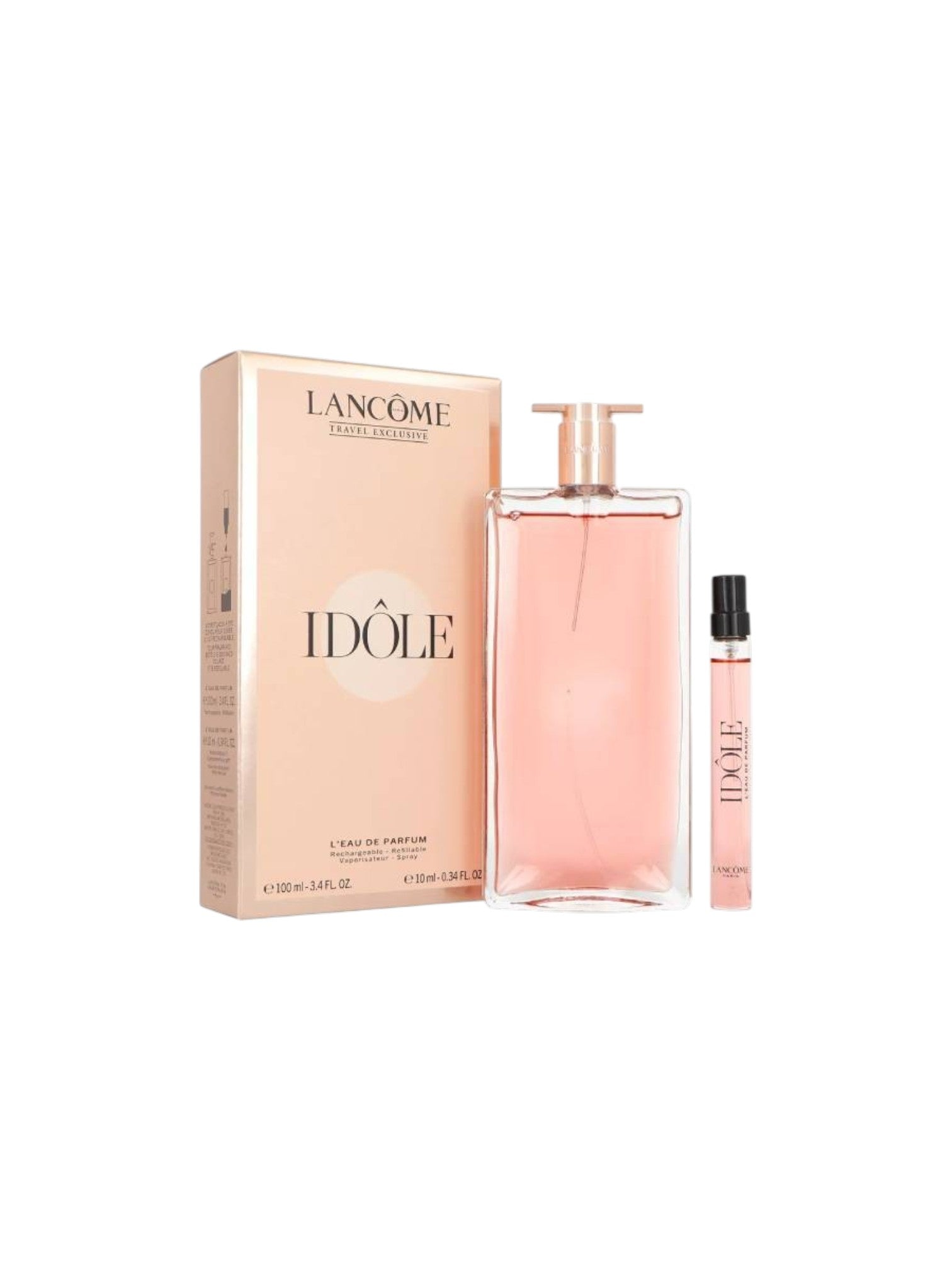 Lancome Idôlé perfume set with bottle and packaging on a white background. Lancome, Monza Outlet, Monza Fashion, Shein Outlet