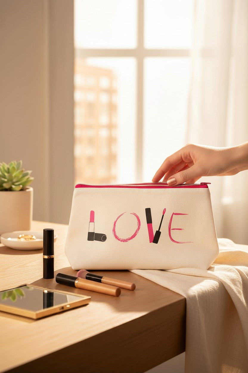 Hand reaching for a cosmetic bag with 'LOVE' and makeup illustrations on a desk. Lancome, Monza Outlet, Monza Fashion, Shein Outlet 