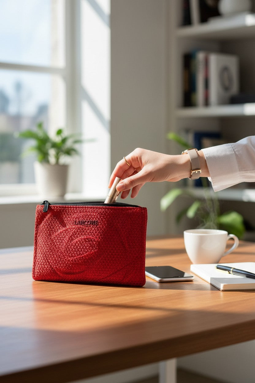 Red pouch on a table with a hand reaching in, in a bright room. Lancome, Monza Outlet, Monza Fashion, Shein Outlet 