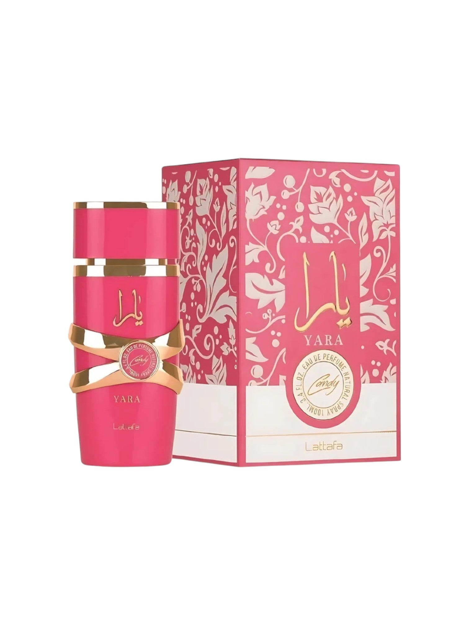 Pink perfume bottle with matching packaging on a white background. Lattafa, Monza Outlet, Monza Fashion, Shein Outlet