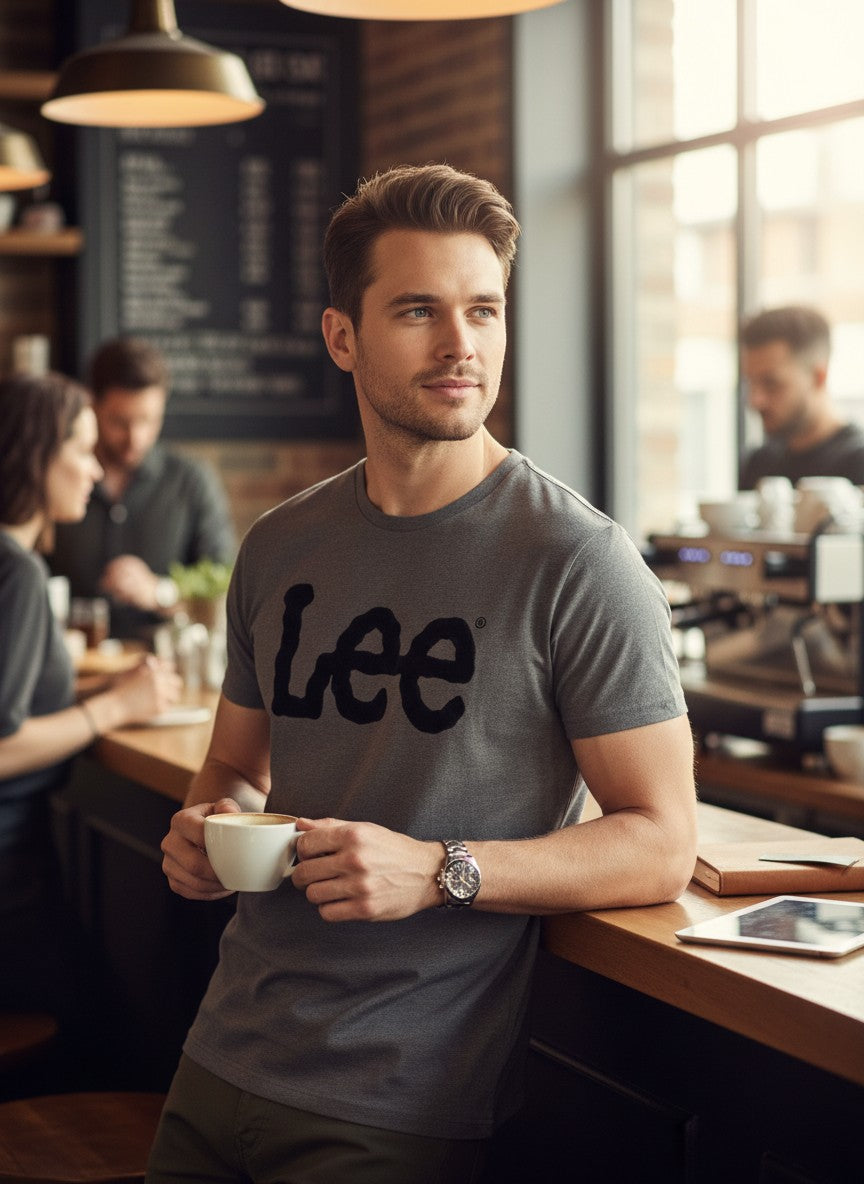 Man in a coffee shop holding a cup, wearing a Lee t-shirt. Lee, Monza Outlet, Monza Fashion, Shein Outlet 