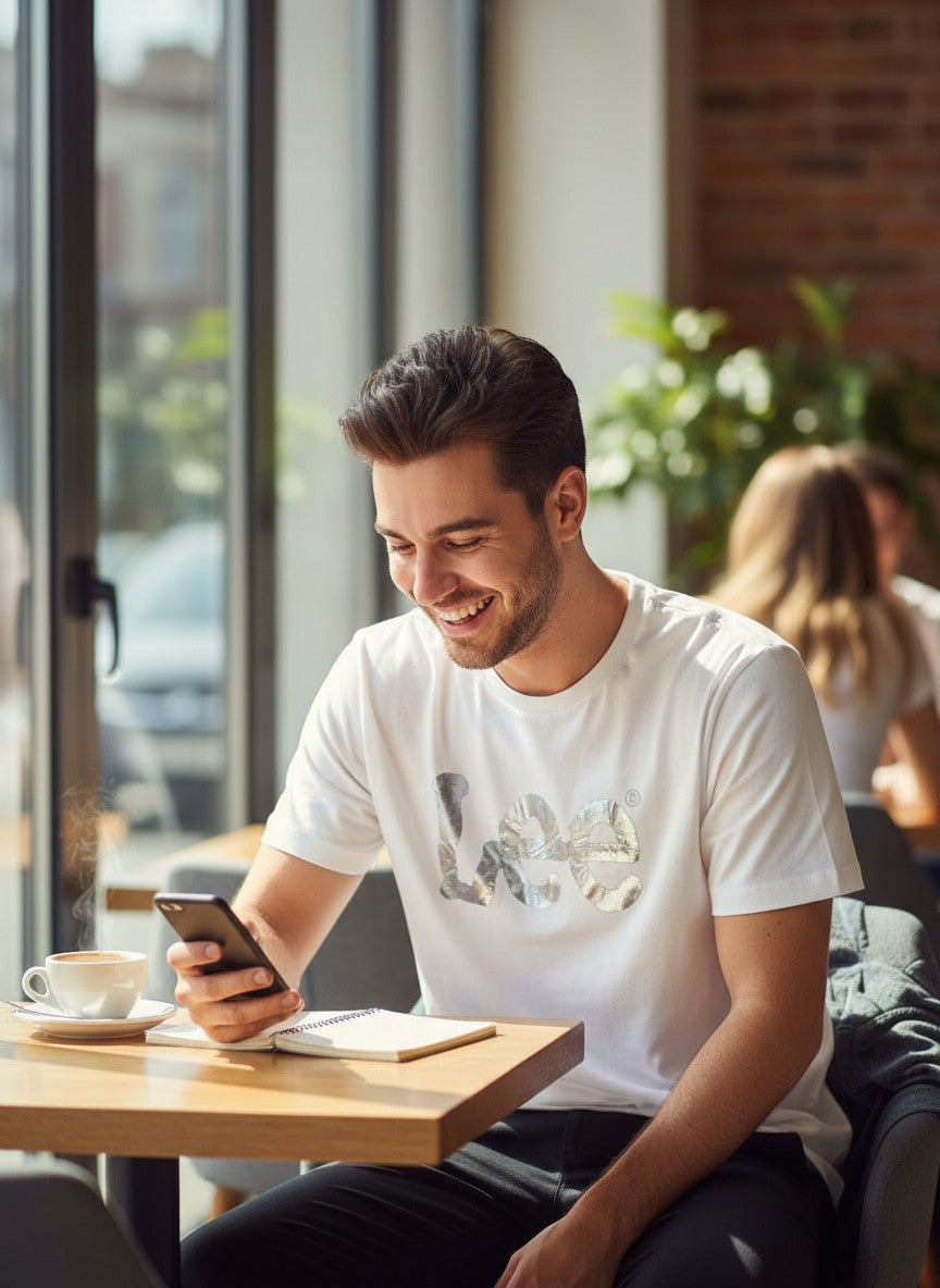 Man using a smartphone in a cafe with a casual setting. Lee, Monza Outlet, Monza Fashion, Shein Outlet 