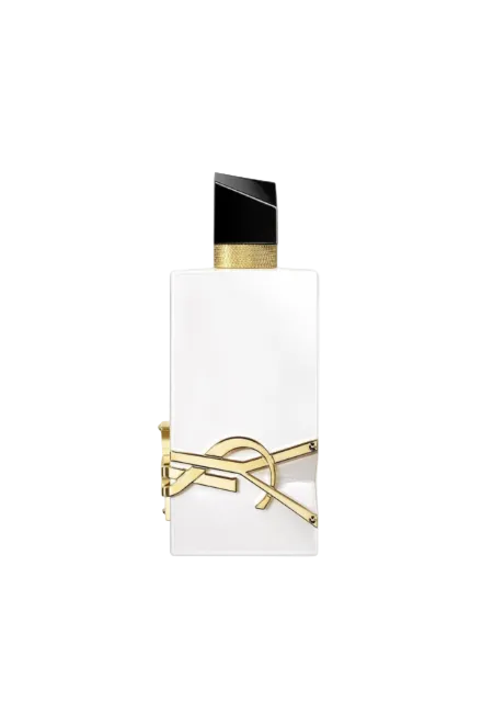 White perfume bottle with gold accents on a white background monza outlet, Shein outlet, monza fashion