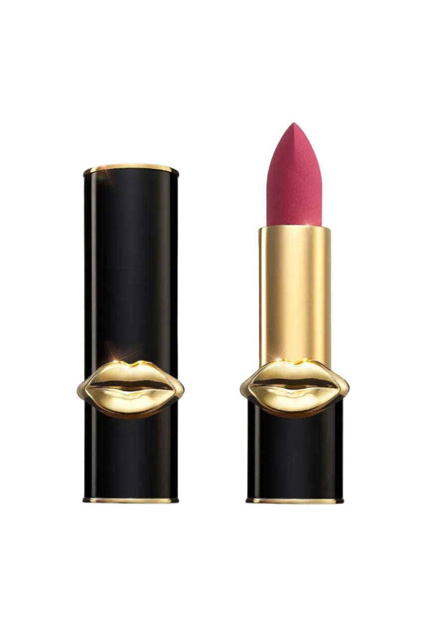 Pat McGrath Labs MatteTrance Lipstick in a shade of cool-toned raspberry, encased in a black and gold bullet packaging with gold lips design. Monza Outlet