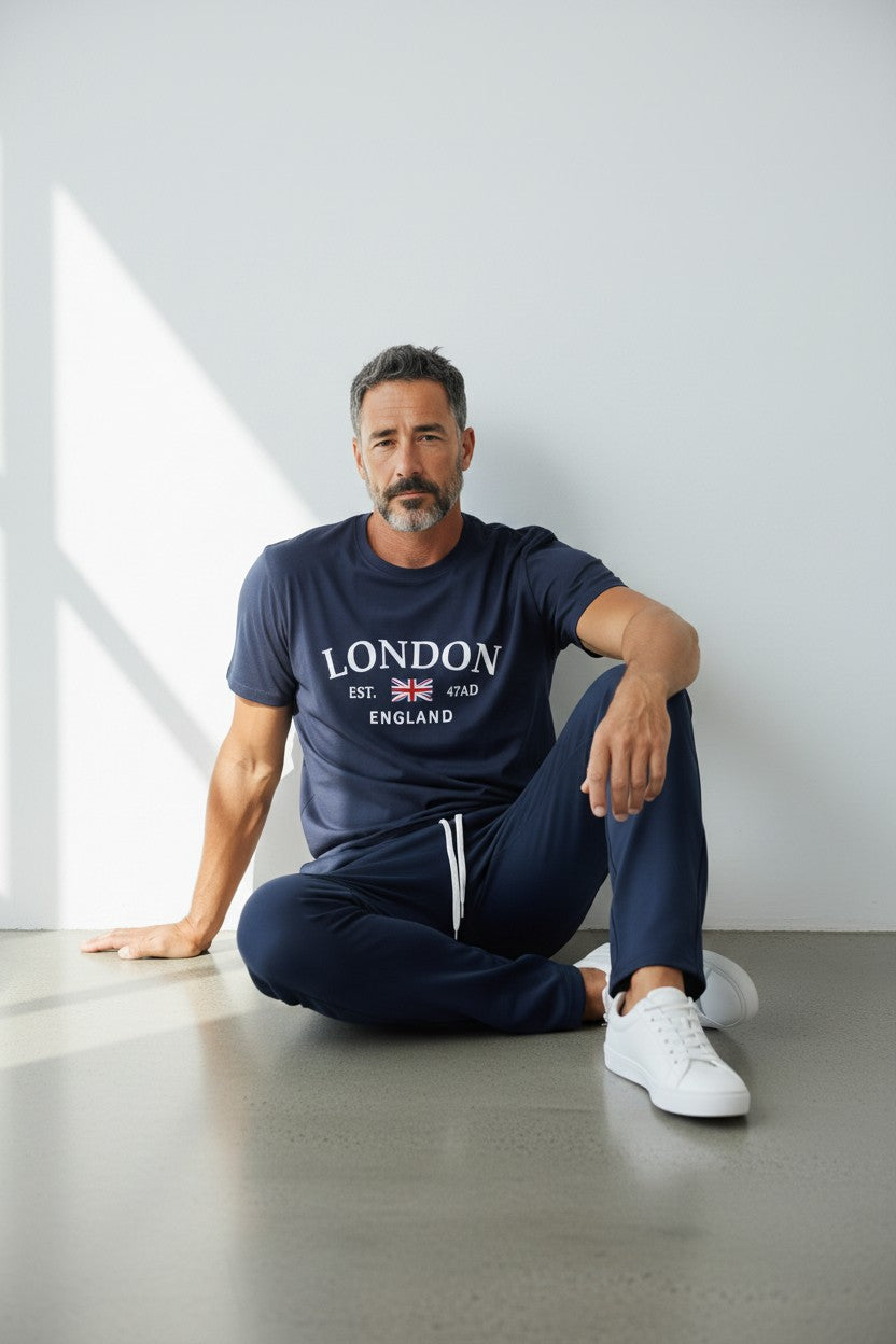 Man sitting on the floor wearing a navy London England t-shirt and tracksuit. Antler, Monza Outlet, Monza Fashion, Shein Outlet