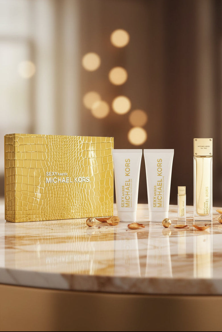 Michael Kors perfume set on a marble surface with a blurred background. Michael Kors, Monza Outlet, Monza Fashion, Shein Outlet