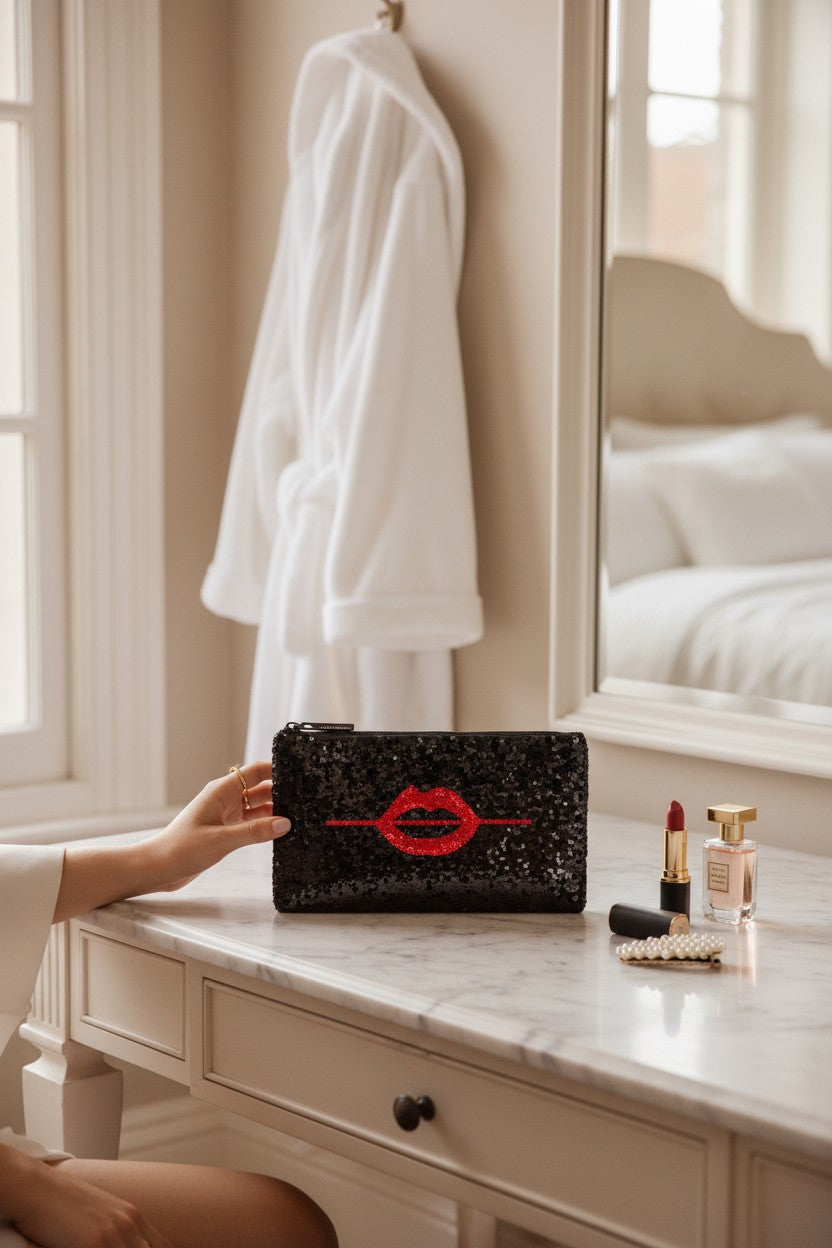 Black clutch with red logo on a marble vanity table in a bedroom setting. Make Up For Ever, Monza Outlet, Monza Fashion, Shein Outlet