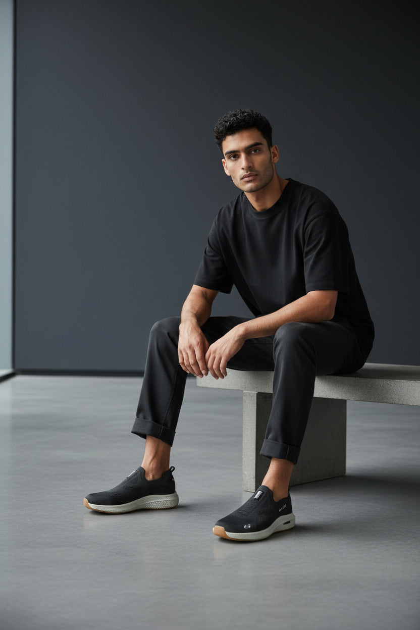Man sitting on a bench wearing black shoes and outfit against a dark background. Maklinit, Monza Outlet, Monza Fashion, Shein Outlet