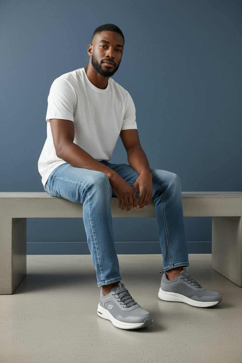 Man sitting on a concrete bench wearing a white t-shirt, blue jeans, and gray sneakers against a blue wall. Maklinit, Monza Outlet, Monza Fashion, Shein Outlet