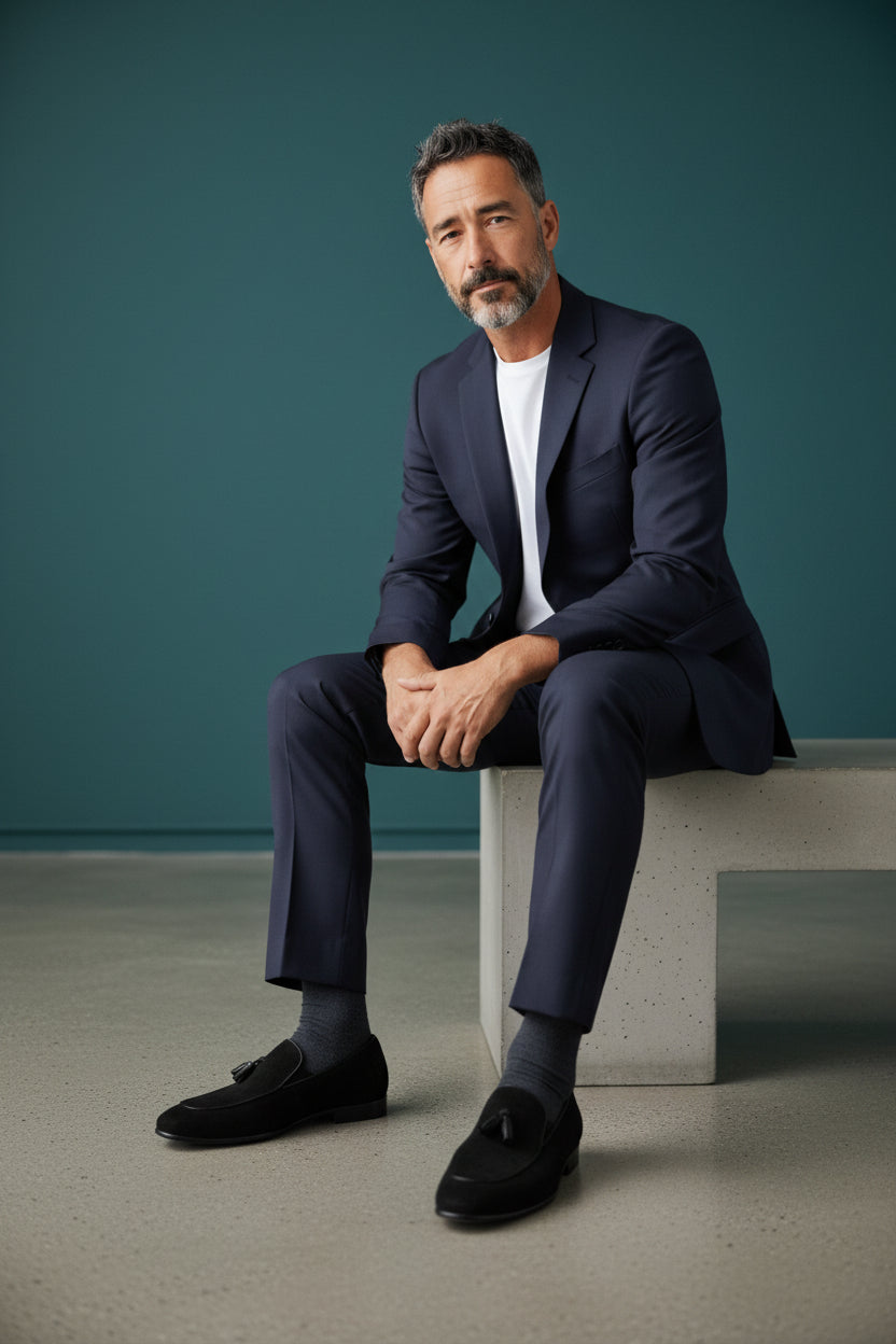 Man in a navy suit sitting on a concrete block against a teal wall. Maklinit, Monza Outlet, Monza Fashion, Shein Outlet