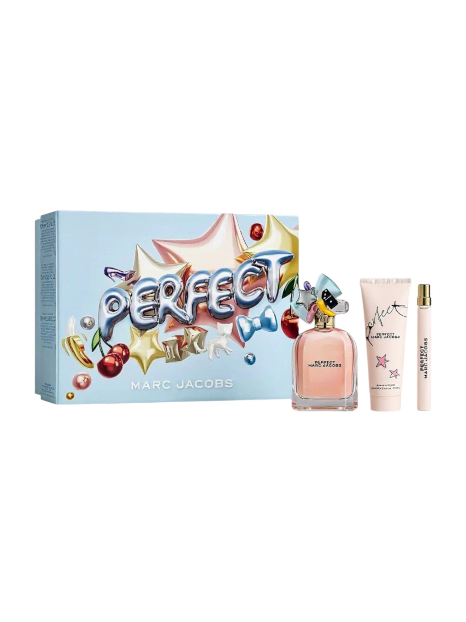 Marc Jacobs perfume set with box, bottle, and other items on a white background. Marc Jacobs, Monza Outlet, Monza Fashion, Shein Outlet