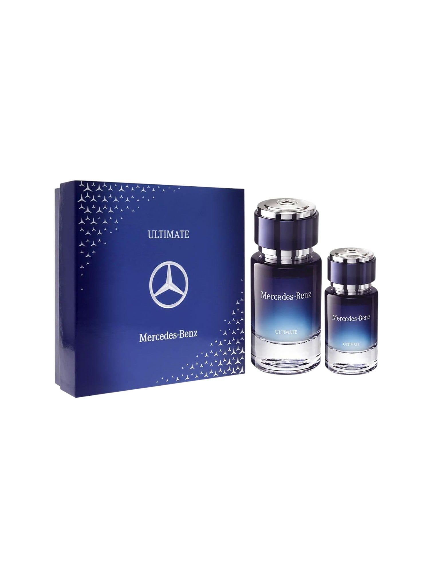 Mercedes-Benz Ultimate perfume set with two bottles and packaging on a white background. Mercedes Benz, Monza Outlet, Monza Fashion, Shein Outlet