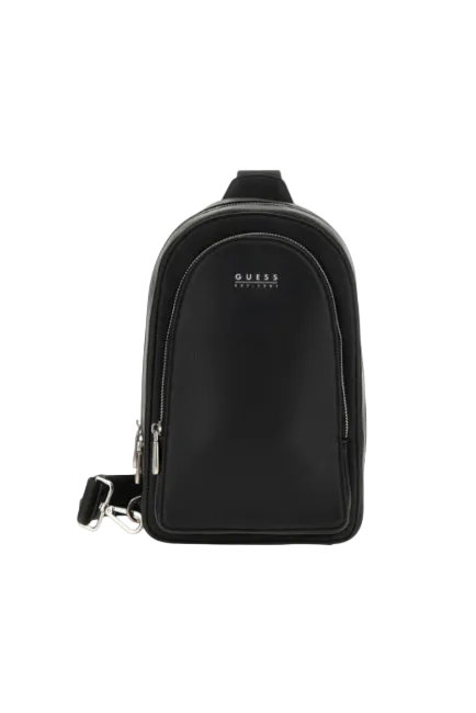 Black Guess crossbody bag on a white background. Guess, Monza Outlet, Monza Fashion, Shein Outlet
