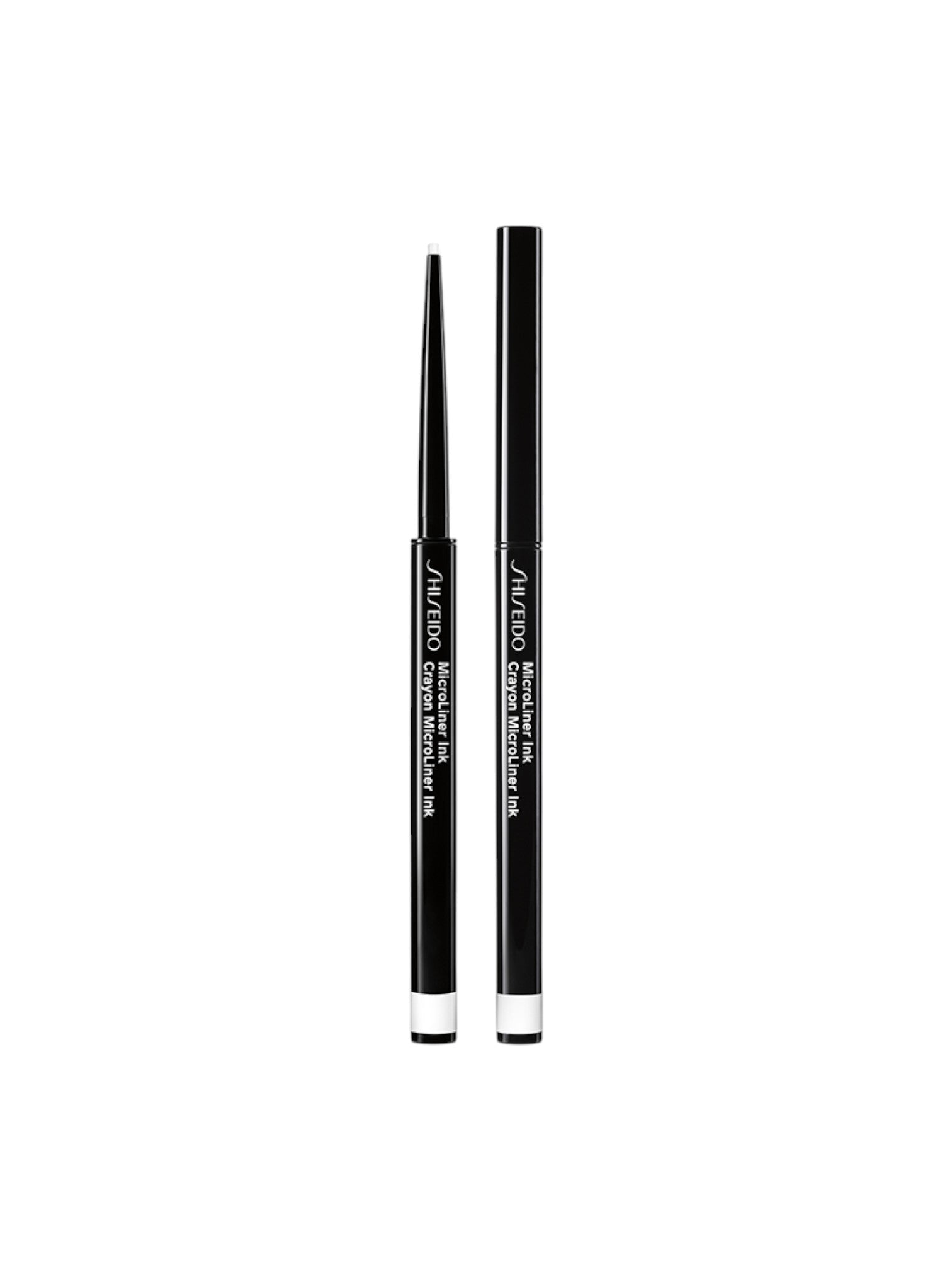 Two black cosmetic pencils with white accents on a white background. Shiseido, Monza Outlet, Monza Fashion, Shein Outlet