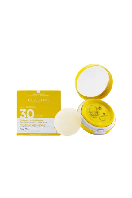 Clarins sunscreen compact with packaging on a white background monza outlet, Shein outlet, monza fashion
