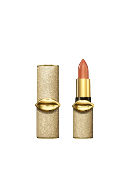 Lipstick with gold cap and beige casing on a white background. Pat McGrath Labs Monza Outlet