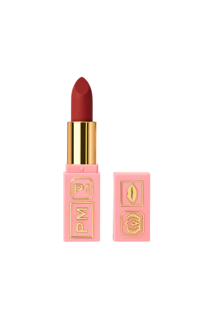 Pink lipstick with gold accents on a white background. Pat McGrath Labs Monza Outlet