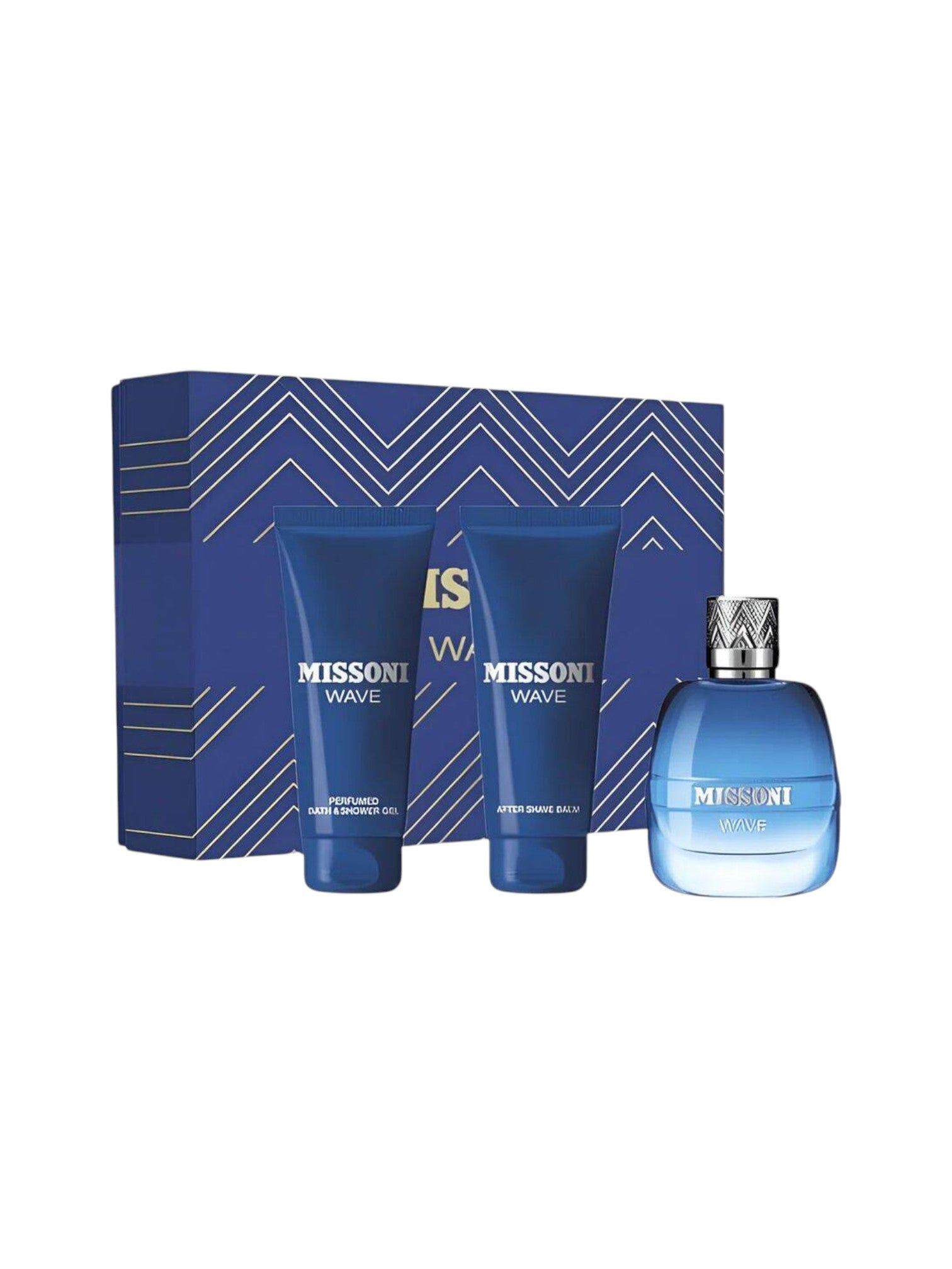 Missoni Wave perfume set with blue packaging on a white background. Missoni Wave, Monza Outlet, Monza Fashion, Shein Outlet