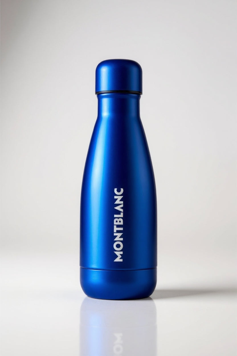 Blue Montblanc water bottle on a light gray background. Montblanc, Monza Outlet, Monza Fashion, Shein Outlet