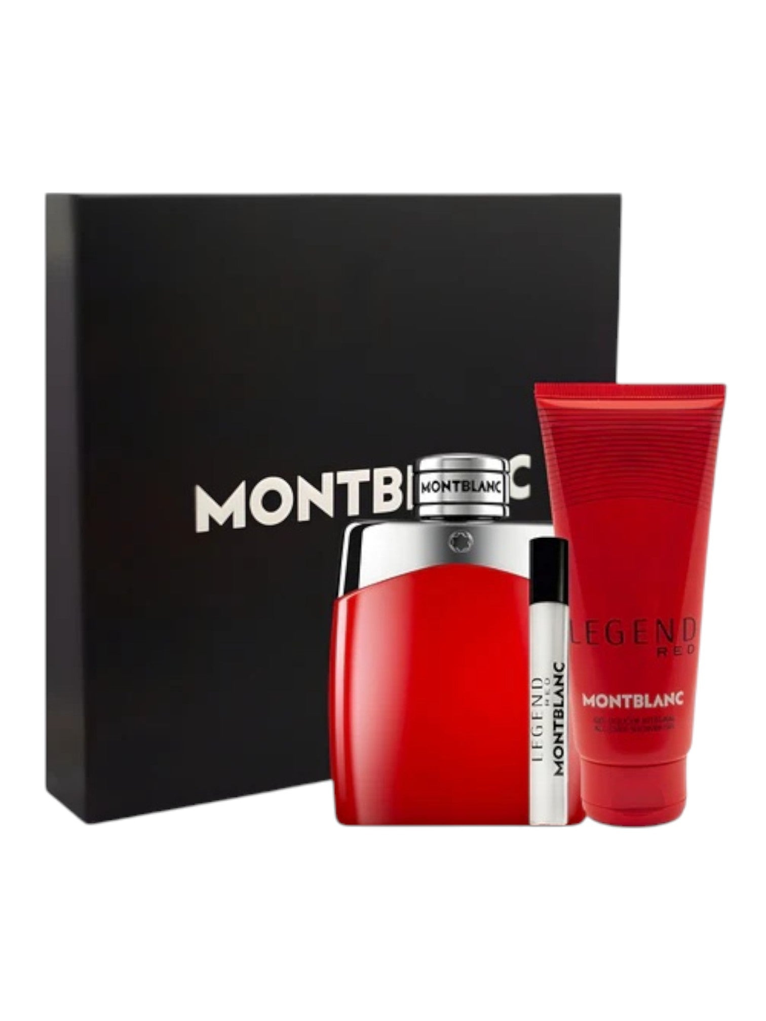 Montblanc Legend perfume set with red bottle and tube on a white background monza outlet, Shein outlet, monza fashion