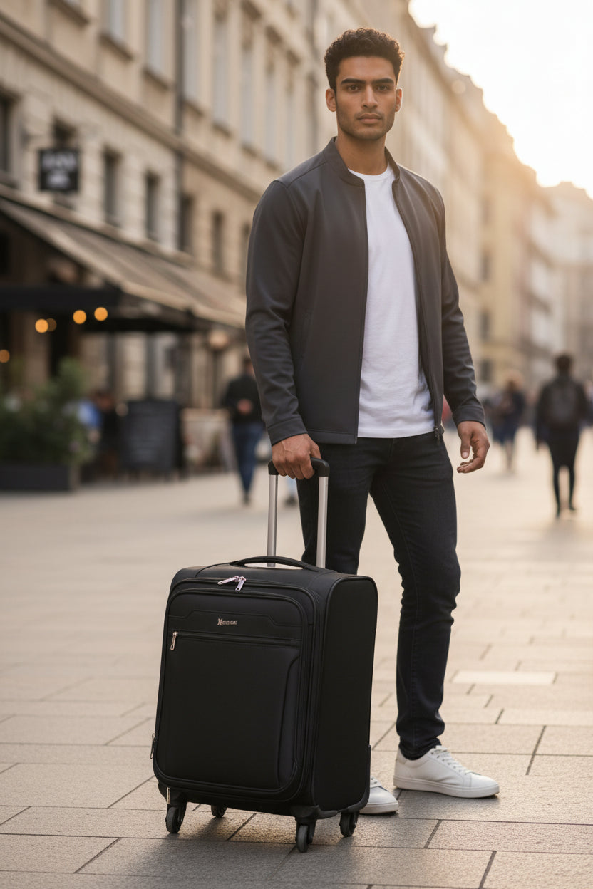 Man pulling a black suitcase on a city street. Monza Italy, Monza Outlet, Monza Fashion, Shein Outlet