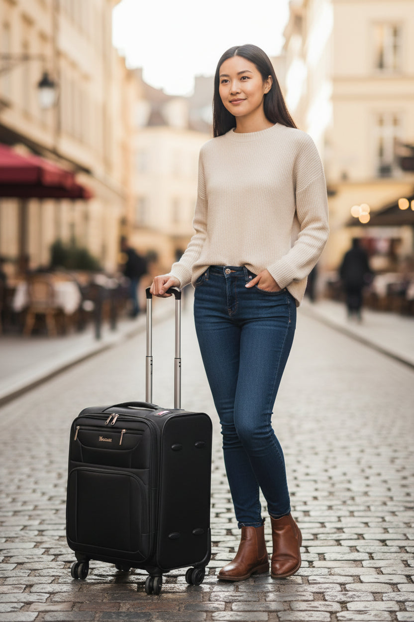 Woman with a black suitcase on a city street. Monza Italy, Monza Outlet, Monza Fashion, Shein Outlet