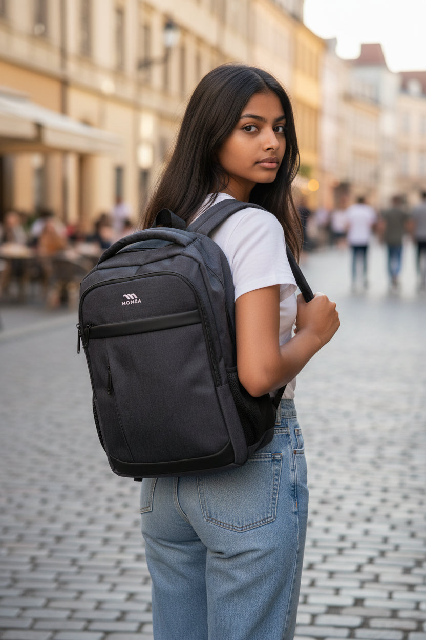 Woman wearing a black backpack with a brand logo on a city street. Monza Italy, Monza Outlet, Monza Fashion, Shein Outlet