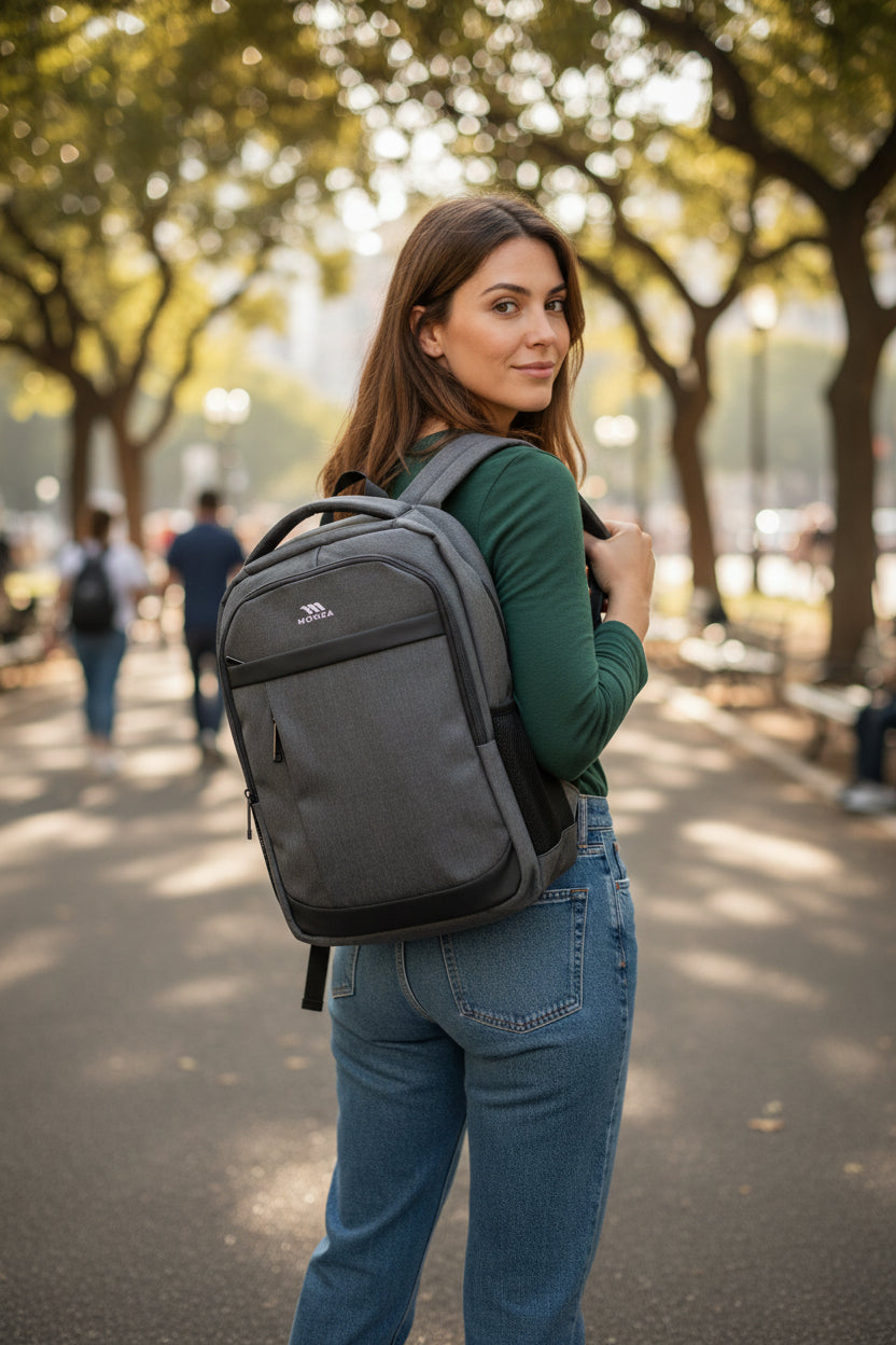 Woman with a gray backpack walking outdoors on a tree-lined street. Monza Italy, Monza Outlet, Monza Fashion, Shein Outlet