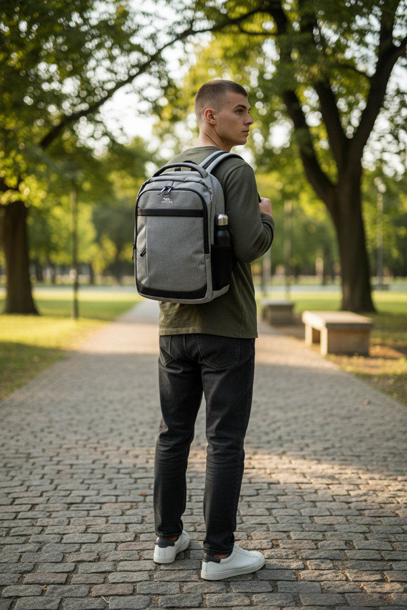 Man with a gray backpack walking on a paved path in a park. Monza Italy, Monza Outlet, Monza Fashion, Shein Outlet