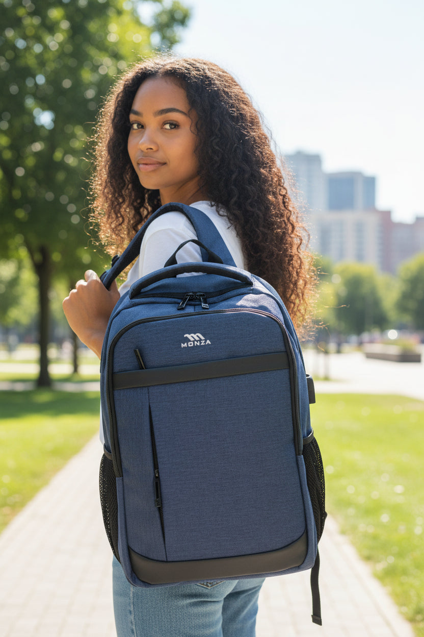Woman carrying a blue Monza backpack in an outdoor setting with trees and buildings in the background. Monza Italy, Monza Outlet, Monza Fashion, Shein Outlet