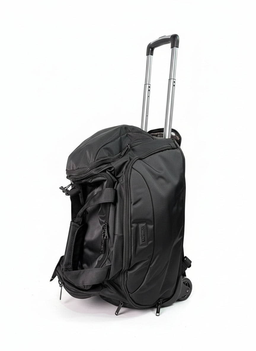 Black rolling backpack on a white background. Monza Italy, Monza Outlet, Monza Fashion, Shein Outlet 