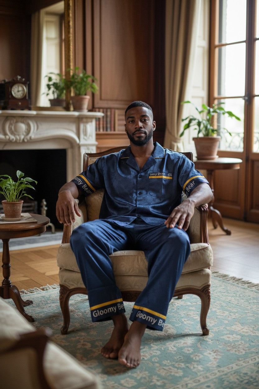 Man sitting in a chair wearing a blue outfit with 'Gloomy' branding in a room with wooden furniture and plants. Monza Italy, Monza Outlet, Monza Fashion, Shein Outlet