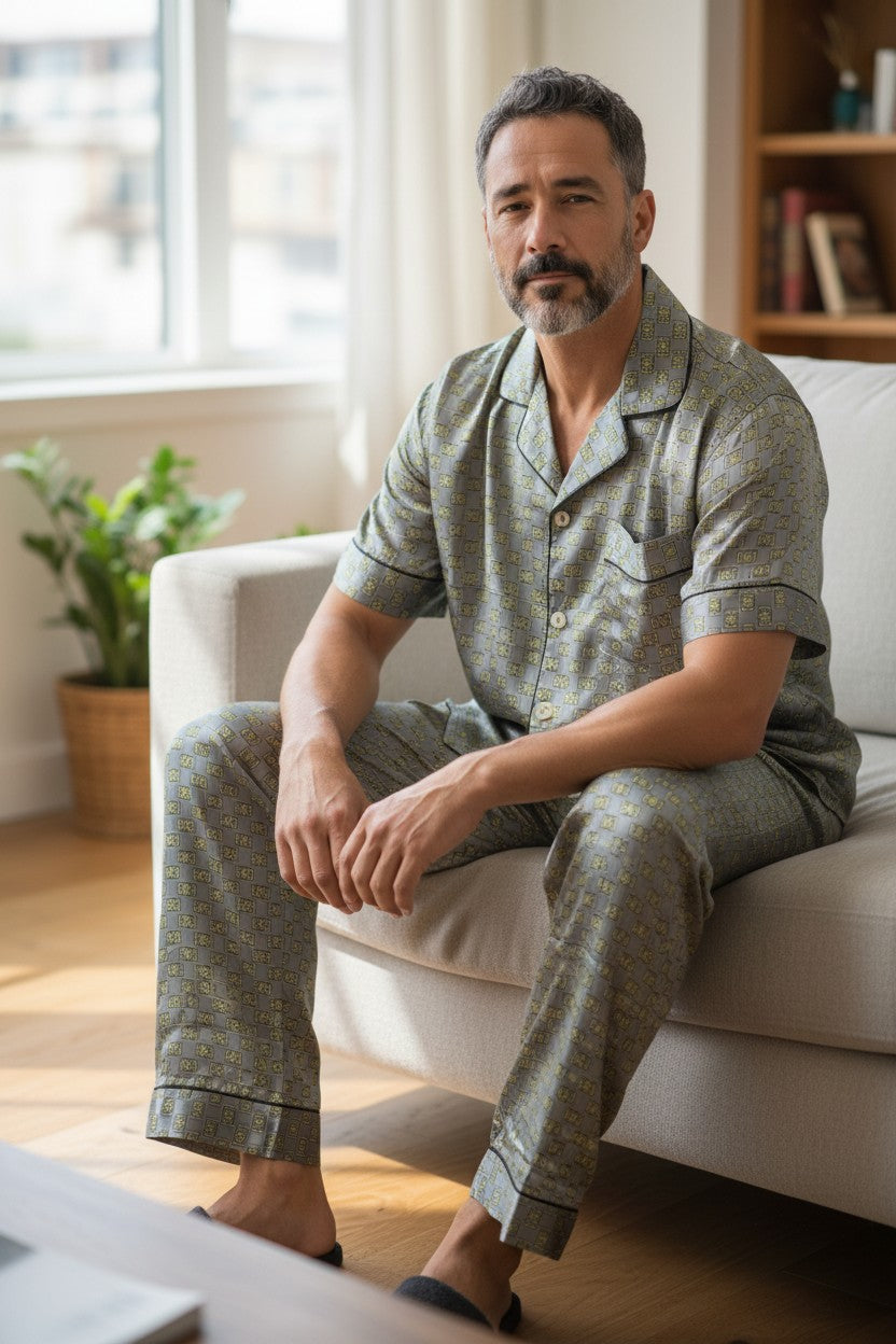 Man sitting on a couch wearing green pajamas in a bright living room. Monza Italy, Monza Outlet, Monza Fashion, Shein Outlet